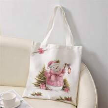 圣诞图案双面印花单肩手提包印花手提包休闲旅行沙滩包大容量可重复使用单肩购物袋女士休闲单肩包手提包大容量帆布沙滩包手提包购物袋印花女士杂货单肩包