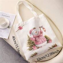 圣诞图案双面印花单肩手提包印花手提包休闲旅行沙滩包大容量可重复使用单肩购物袋女士休闲单肩包手提包大容量帆布沙滩包手提包购物袋印花女士杂货单肩包