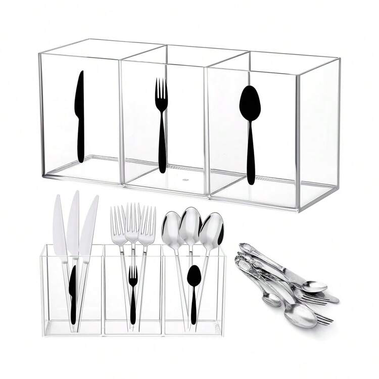 1 pieza Caja organizadora de almacenamiento de sobremesa para baño/cocina con 3 compartimentos para utensilios, cuchillos, tenedores, cucharas - Multicolor - Añade 9