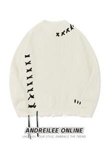 ANDREILEE Spring/Autumn/Winter New Men's Street Fashion Design Handmade Drawstring Hem & Cuff Distressed Fringe Black Simple Long Sleeve Sweater, Unisex Casual Loose Pullover Knit Top