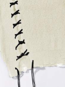 ANDREILEE Spring/Autumn/Winter New Men's Street Fashion Design Handmade Drawstring Hem & Cuff Distressed Fringe Black Simple Long Sleeve Sweater, Unisex Casual Loose Pullover Knit Top