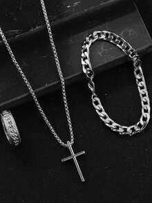 3 件装男士时尚休闲银手链、项链、戒指首饰套装，朋克风格适合日常佩戴 - 彩色 - 查看 1