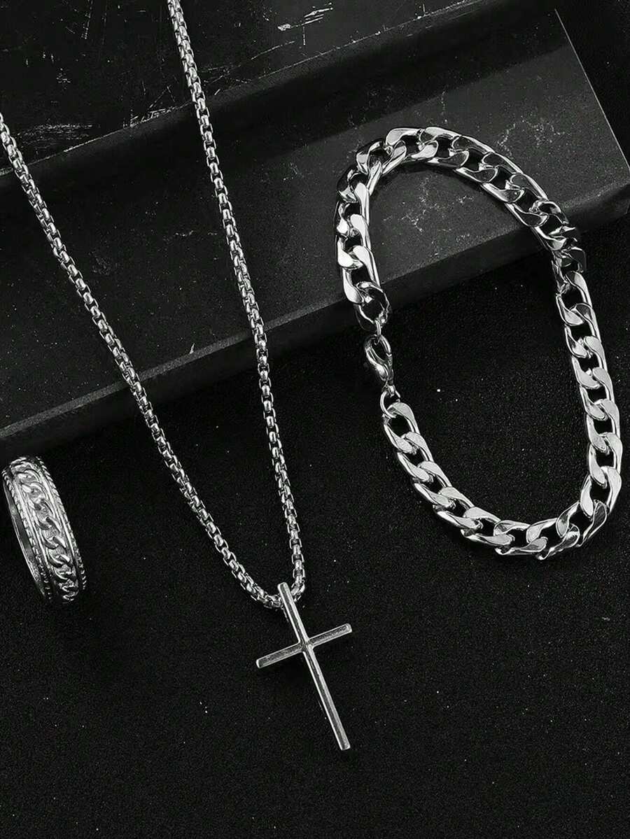 3 件装男士时尚休闲银手链、项链、戒指首饰套装，朋克风格适合日常佩戴 - 彩色 - 查看 1