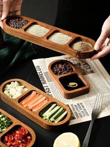 1 件装多隔间调味品盘，家用木制小吃盘，火锅，烧烤酱盘，小食物托盘 - 棕色 - 查看 7