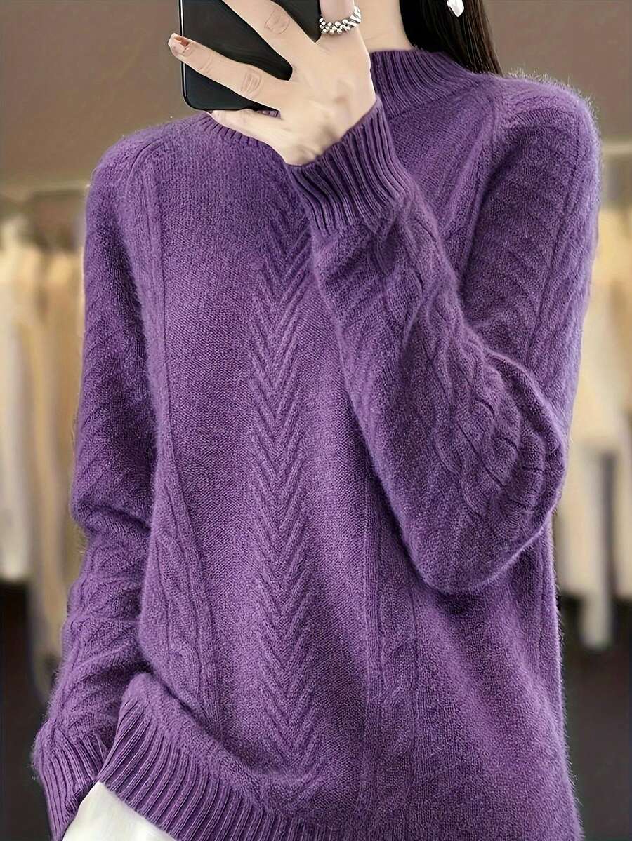 Plus Size Crew Neck Casual Long Sleeve Solid Color Knit Sweater, For Winter - Purple - View 1