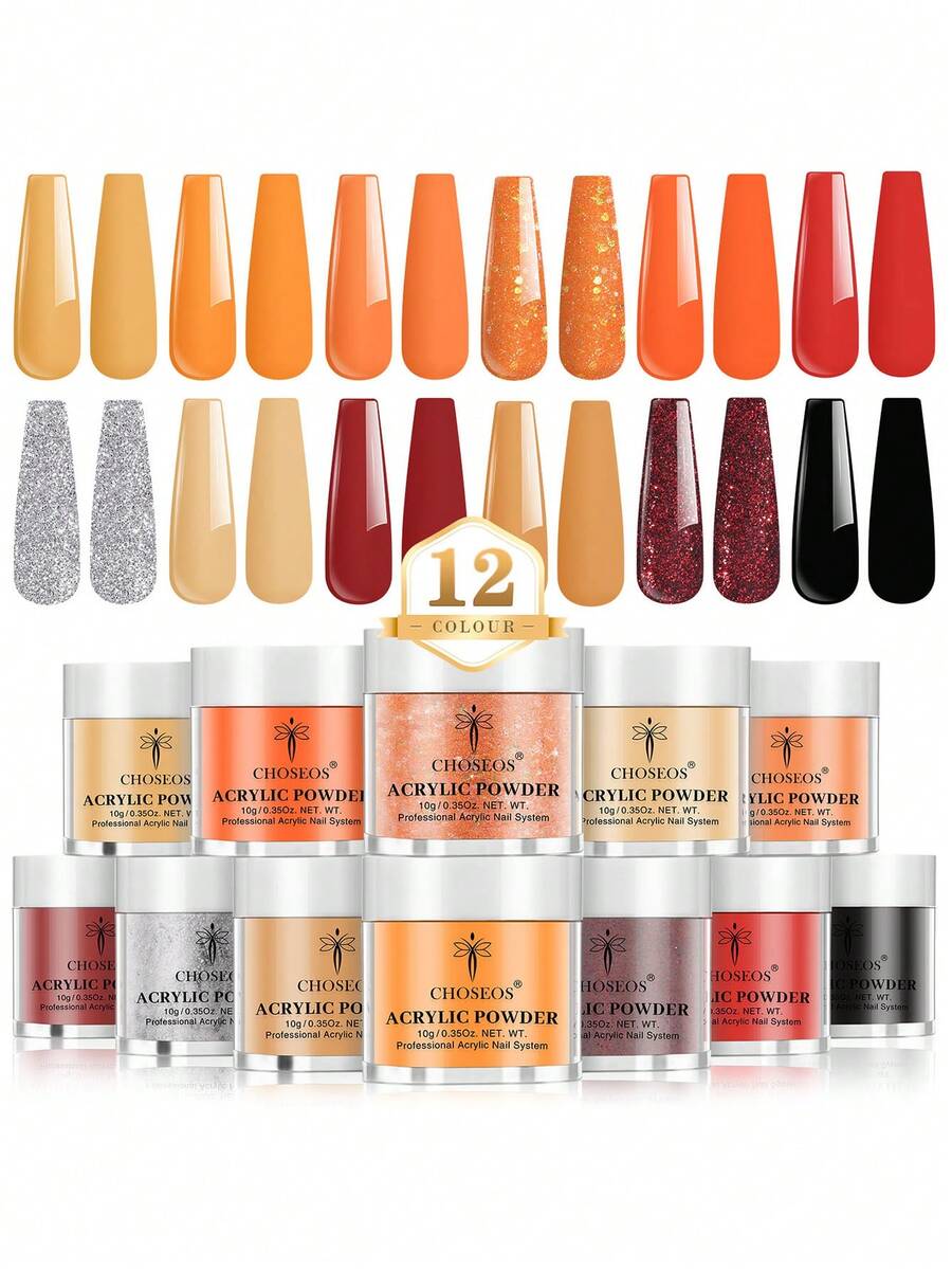 Bộ làm móng bột Acrylic 12 màu của CHOSEOS: Bột Acrylic màu cam, đỏ, nhũ và trong suốt cho nghệ thuật làm móng 3D và nối móng kiểu Pháp - Món quà hoàn hảo cho phụ nữ - Nhiều màu - Xem 1