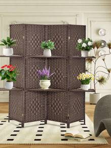 Room Divider Room Screen Divider Wooden Screen Folding Portable Partition Screen Wood With Removable Storage Shelves (4 Panel) - 棕色 - 查看 1