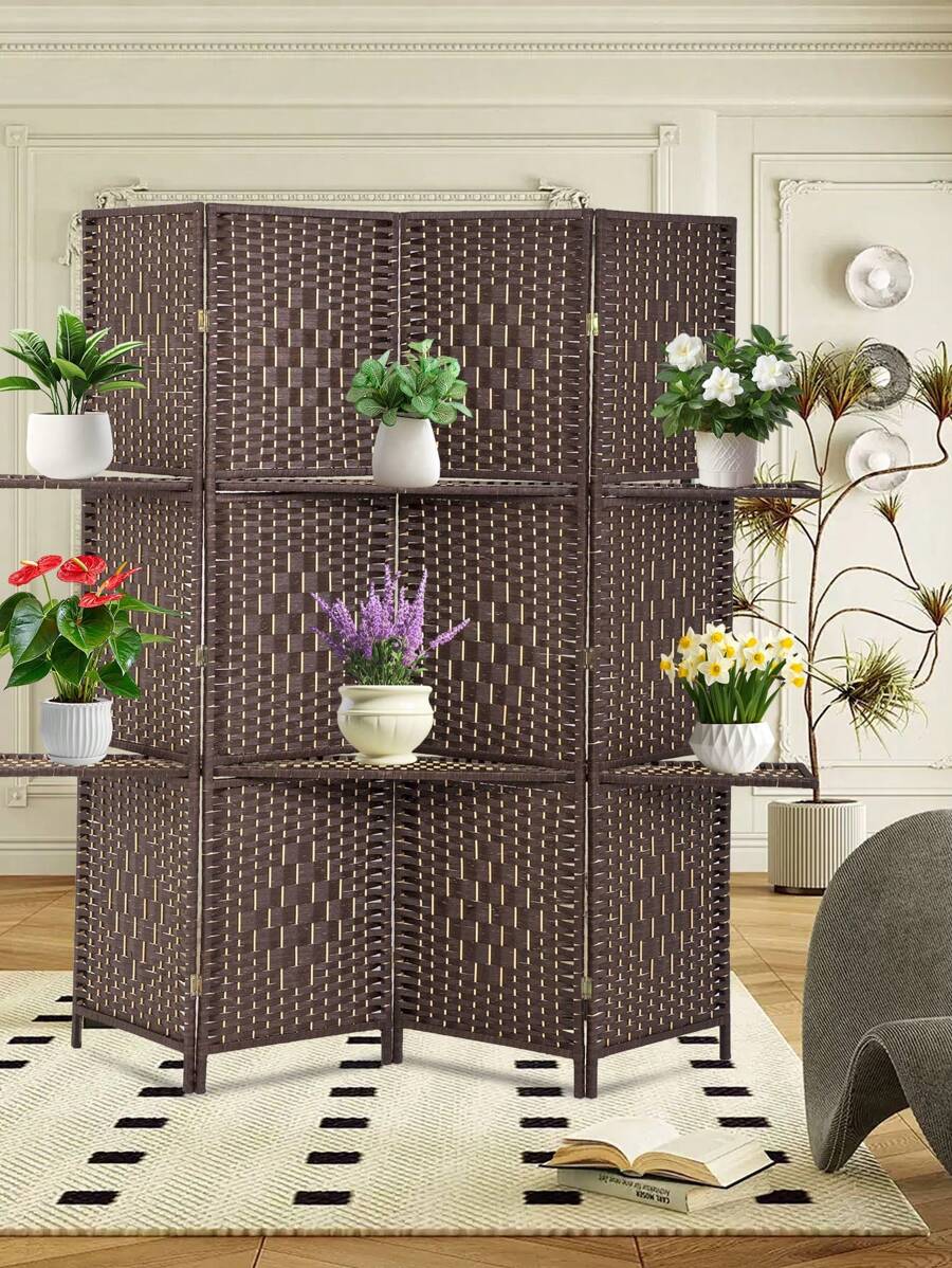 Room Divider Room Screen Divider Wooden Screen Folding Portable Partition Screen Wood With Removable Storage Shelves (4 Panel) - 棕色 - 查看 1