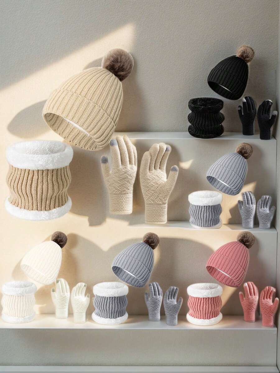 3PCS/Sert Mũ mùa thu và mùa đông Khăn choàng ấm Màn hình cảm ứng Găng tay Bao phủ Ấm Cổ dày Đạp xe Ngoài trời để Ngăn ngừa Cảm lạnh và Giữ ấmMũ đan Bao phủ - Nhiều màu - Xem 1