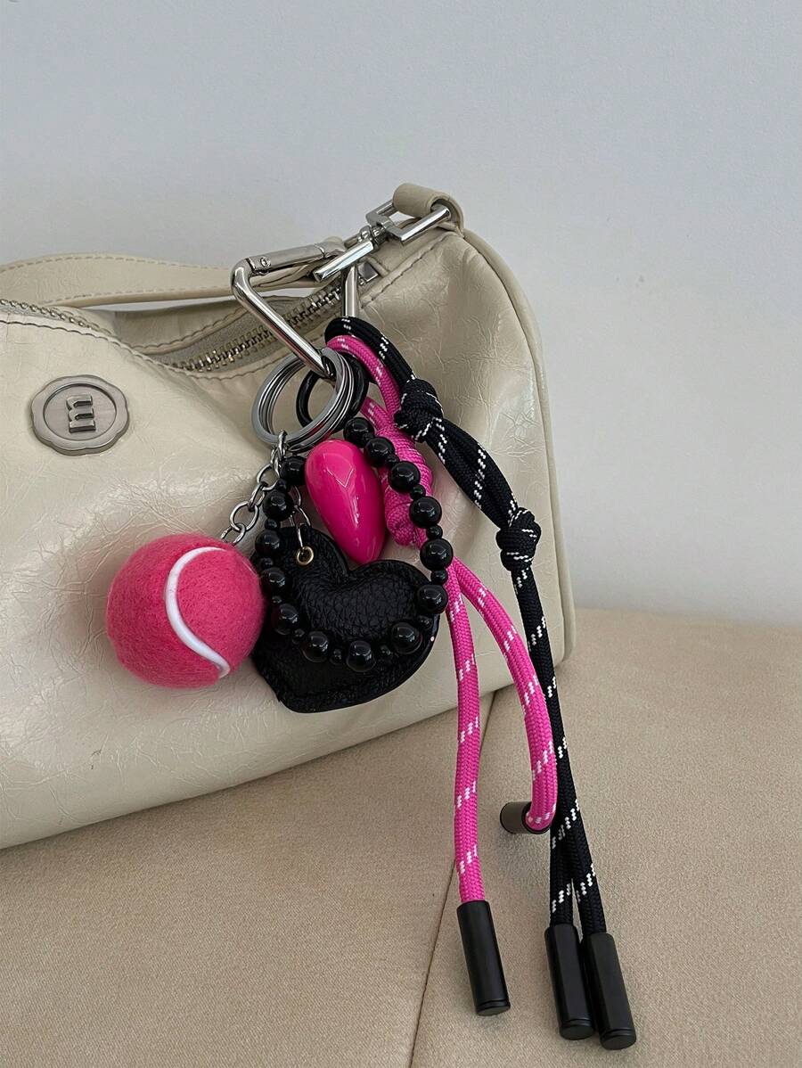 1pc Diy Keychain Original Design Bag Pendant With Hand Wove Rope New Fashion Key Ring Heart Decor Bag Charms Holiday Birthday Gift Summer Tennis Y2K - Hot Pink - View 1