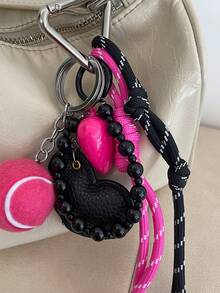 1pc Diy Keychain Original Design Bag Pendant With Hand Wove Rope New Fashion Key Ring Heart Decor Bag Charms Holiday Birthday Gift Summer Tennis Y2K - Hot Pink - View 3