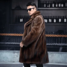 Men's Luxury Faux Mink Long Coat Winter Warm Brown Suit Lapel Jacket