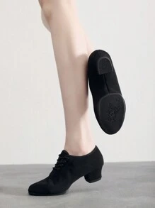 Zapatos de lona con suela de goma gruesa de 3.5/5.5cm con cordones, zapatos de tacón alto negro para baile latino/de salón/moderno/tango/cha cha, zapatillas de práctica profesional para mujeres, antideslizantes y transpirables - Negro - Ver 6