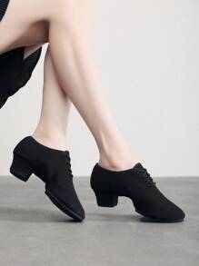 Zapatos de lona con suela de goma gruesa de 3.5/5.5cm con cordones, zapatos de tacón alto negro para baile latino/de salón/moderno/tango/cha cha, zapatillas de práctica profesional para mujeres, antideslizantes y transpirables - Negro - Ver 2