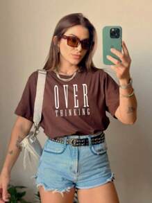 Women's T-Shirt Over Thinking Printed 100% Cotton T-Shirt Fashion Premium Line - 鏽棕色 - 查看 3