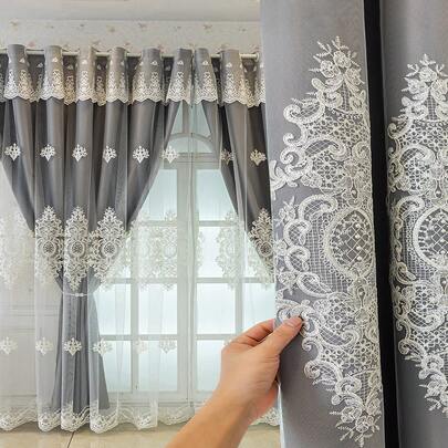 1pc French Luxury Embroidered Pearl Decor European Floral Tulle Curtain, Double Layer, Suitable For Bedroom, Living Room, Balcony