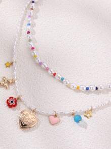 NAIZHU 2/3 bucăți breloc cu medalion inimă la modă, colier cu pandantiv cu flori emailat decorat cu margele colorate și perle artificiale, colier choker cu mai multe straturi pentru femei