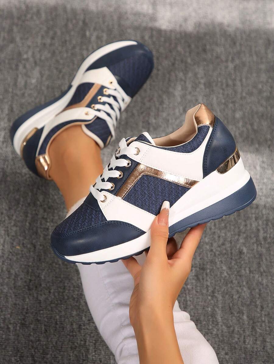 时尚舒适的撞色系带女式运动鞋，轻便休闲户外简约高端厚底运动鞋，请注意鞋码偏小，请仔细查看尺码表。