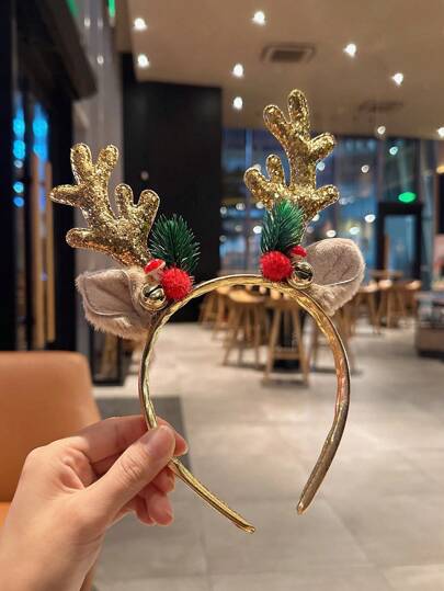 1 件金色亮片蘑菇圣诞头带，新款奢华大鹿角铃铛亮片节日头饰，适合女士，森系发饰，圣诞节