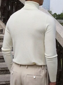 Men's Plain High-Neck Long Sleeve Casual Pullover Sweater, For Fall Winter - White - View 2