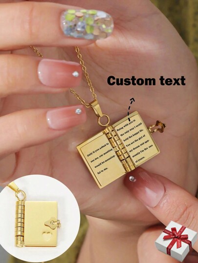 Customized Stainless Steel Couple's Book Pendant Necklace, Multi-Page Book Necklace, Customized Heart Shape Text Sweater Necklace For Women