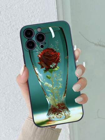 Apple Aesthetic 1pc Black Anti-Fall Soft Straight Edge Painted Rose Phone Case Compatible With Iphone