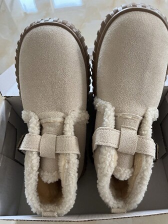 Plus Size Women Anti-Slip Thermal Lined Short Boots With Buckle Strap, Minimalist Design, Waterproof Snow Boots, Suitable For Autumn/Winter Campus And Work Outfits