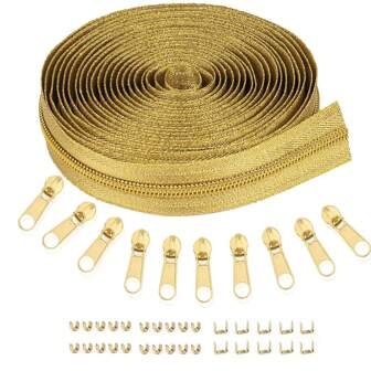 1 Set, 450cm/177inch Gold-Colored Thread Zippers With 10 Zipper Pulls, Suitable For Clothing, Bags, Home Textiles And Other DIY Projects