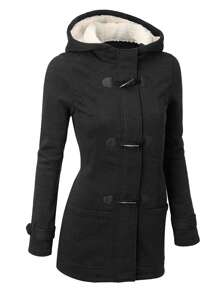 Winter Coat With Horn Buttons & Thermal Lined Hooded Jacket - Black - View 1