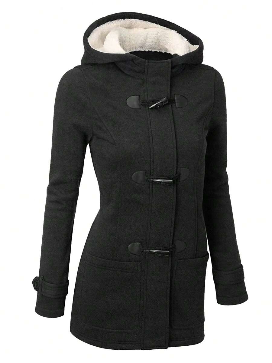 Winter Coat With Horn Buttons & Thermal Lined Hooded Jacket - Black - View 1