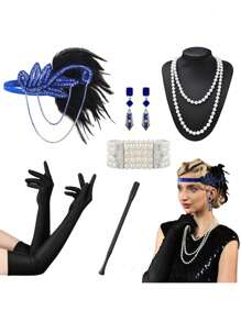 D EXCEED 6 件 20 世纪 20 年代女式飞来波女郎了不起的盖茨比配饰套装咆哮的 20 年代主题复古时尚派对查尔斯顿化装舞会万圣节装饰礼物化妆舞会角色扮演带人造羽毛头带舞会 - 多色 - 查看 68