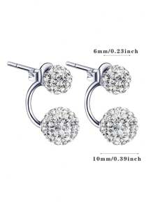 Elegantes pendientes clip de doble bola de plata de ley 925 con circonita cúbica brillante, pendientes de botón clásicos para uso diario para mujeres, aptos para temporada de graduación/primavera y verano/festivales/cumpleaños/aniversario
