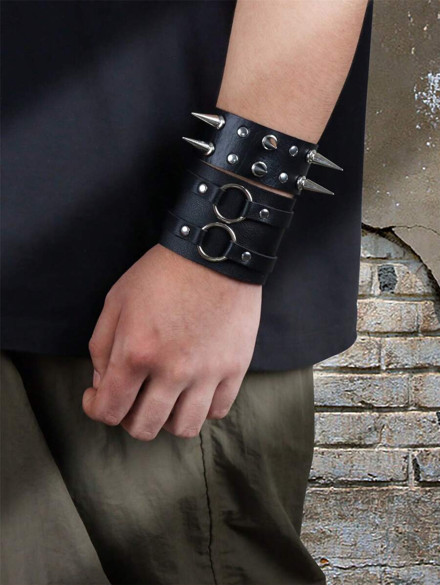 2 件街头黑色 PU 皮革哥特式尖头铆钉手链可调节朋克摇滚手链情侣生日礼物坏人装扮夜生活 - 黑色 - 查看 1