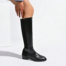 Women's Black Fashion Comfortable Pointed Toe Patchwork Embellished Side Zipper Chunky Heel Knee High Boots, Party & Daily Wear