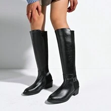 Women's Black Fashion Comfortable Pointed Toe Patchwork Embellished Side Zipper Chunky Heel Knee High Boots, Party & Daily Wear