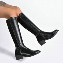 Women's Black Fashion Comfortable Pointed Toe Patchwork Embellished Side Zipper Chunky Heel Knee High Boots, Party & Daily Wear