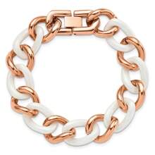 The Black Bow Rose Tone Stainless Steel & White Ceramic Curb Chain Bracelet, 8.25 In