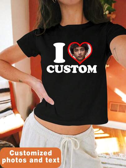 Camisetas personalizables, regalo para novia/esposa, regalo del Día de San Valentín, cara personalizada, impresión personalizada, nombre personalizado, camiseta de mujer personalizada - Agrega tu propio texto e imágenes (fotos familiares/selfies/fotos de mascotas/fotos de amigos) para diseñar camisetas con estética Y2K ornamental rosa para el Día de la Madre, para vacaciones, ornamental, perro, único, personalizado, regalos ideales para ella, familia, amigos, niñas rosas, para vacaciones, para aniversarios, blusas de mujer personalizadas, look glamoroso, romance delicado, ropa de mujer