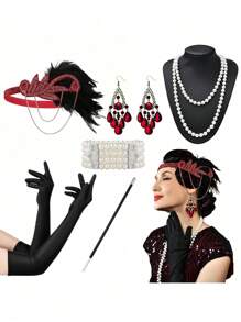 D EXCEED 6 件 20 世纪 20 年代女式飞来波女郎了不起的盖茨比配饰套装咆哮的 20 年代主题复古时尚派对查尔斯顿化装舞会万圣节装饰礼物化妆舞会角色扮演带人造羽毛头带舞会 - 多色 - 查看 73