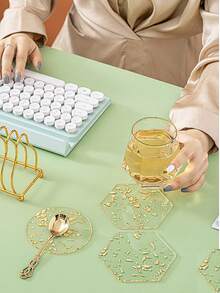 2 miếng lót ly mini bằng acrylic bền, miếng lót đĩa trong suốt kim loại mới, miếng lót ly bàn tròn họa tiết lá vàng hiện đại cho văn phòng, miếng lót ly cách nhiệt chống bỏng hình lục giác, miếng lót ly trang trí bàn bếp - Nhiều màu - Xem 1