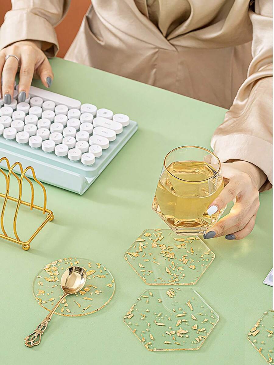 2 miếng lót ly mini bằng acrylic bền, miếng lót đĩa trong suốt kim loại mới, miếng lót ly bàn tròn họa tiết lá vàng hiện đại cho văn phòng, miếng lót ly cách nhiệt chống bỏng hình lục giác, miếng lót ly trang trí bàn bếp - Nhiều màu - Xem 1