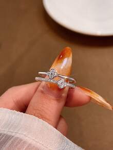 1 件双层镶水钻三花戒指 S925 纯银休闲可爱戒指适合日常佩戴、派对、情人节礼物情人 - 雙層兩朵花戒指 - 查看 2