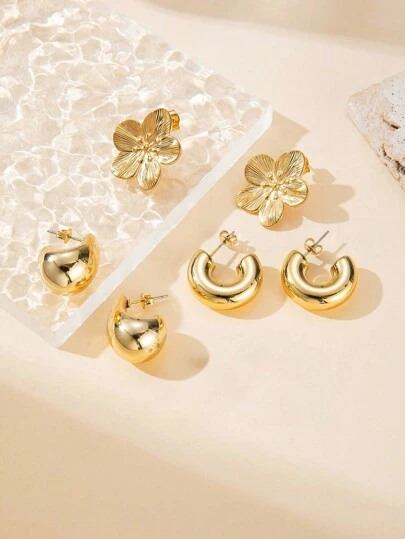 6 件 18K 镀金不锈钢耳环，女式花朵耳钉，水滴 C 形，波西米亚风格礼物情人节、妈妈、母亲、母亲节、礼物