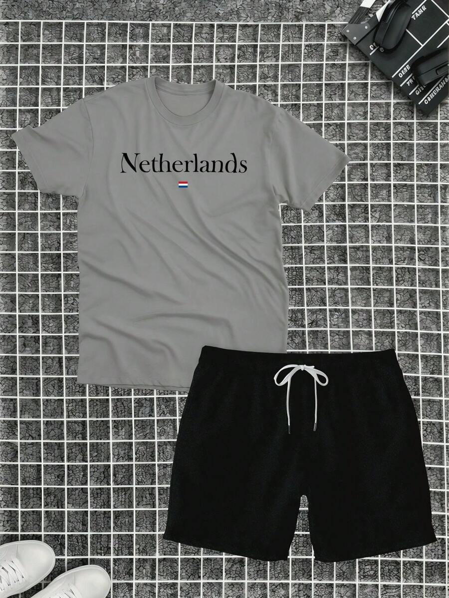 Netherlands Cotton T-Shirt + Tactel Shorts Set For Men Adults - Xám - Xem 1