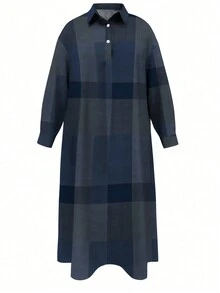 常规款女式长袖衬衫领休闲宽松花卉印花朴素连衣裙 - 彩色 - 查看 4