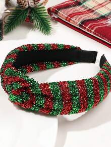 1pc Christmas Headband Striped Ribbon Bowknot Top Hairband, Shiny Tinsel Decor Party Hair Accessory For Women, Fashion Headpiece - Multicolor - View 12