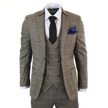 Mens 3 Piece Tan Herringbone Tweed Check Suit