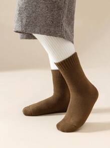 5 Pairs Kids Crew Socks, Toddler Boys Girls Solid Color Thermal Socks, Casual Warm Socks For Daily Wear, Gift, Black White Khaki Brown, Autumn Winter - Multicolor - View 7