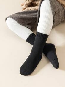 5 Pairs Kids Crew Socks, Toddler Boys Girls Solid Color Thermal Socks, Casual Warm Socks For Daily Wear, Gift, Black White Khaki Brown, Autumn Winter - Multicolor - View 2