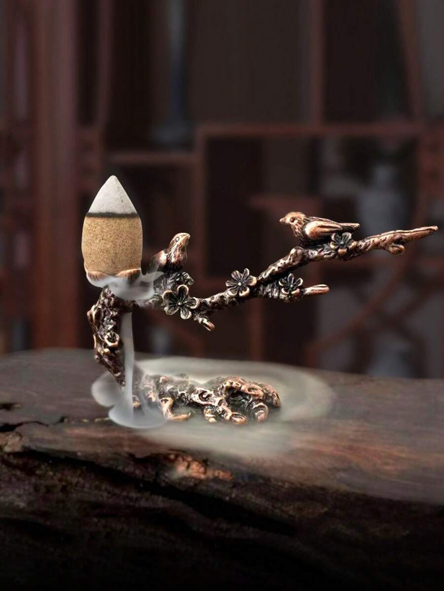 1pc Bronze-Color Chirping Bird On Tree Branch Backflow Incense Burner, Zen Style Incense Holder Decor - Bronze - View 1